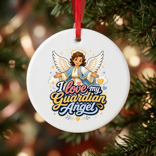 I Love My Guardian Angel Ceramic Ornament hanging on a Christmas tree