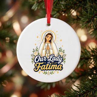 Our Lady of Fatima Ceramic Ornament hanging on a Christmas tree