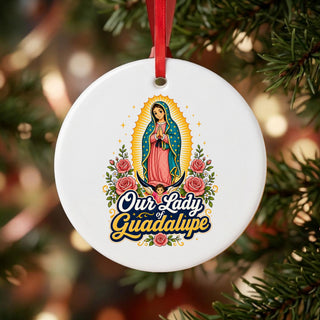 Our Lady of Guadalupe Ceramic Ornament hanging on a Christmas tree