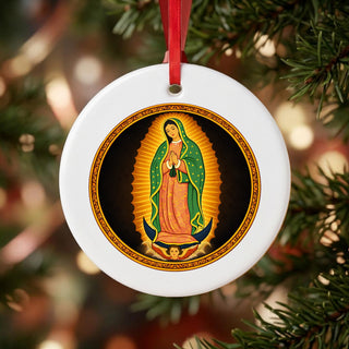 Our Lady of Guadalupe Ceramic Ornament hanging on a Christmas tree