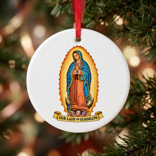 Our Lady of Guadalupe Ceramic Ornament hanging on a Christmas tree