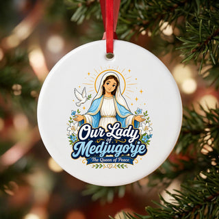 Our Lady of Medjugorje Ceramic Ornament hanging on a Christmas tree