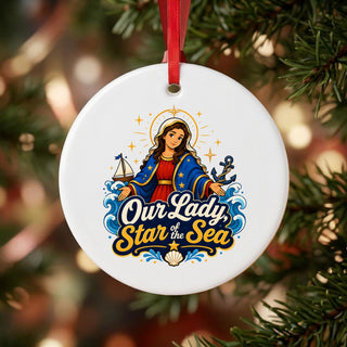 Our Lady Star of the Sea Ceramic Ornament hanging on a Christmas tree