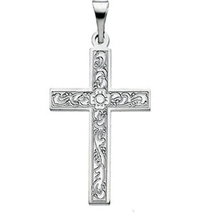 14K White Gold Cross Pendant with Design