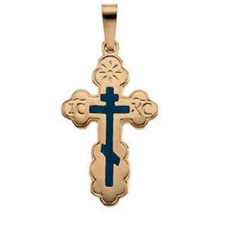 14K Yellow Gold Orthodox Cross Pendant with Blue