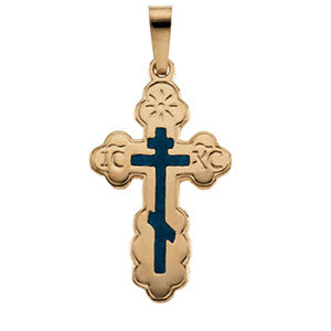 14K Yellow Gold Orthodox Cross Pendant with Blue
