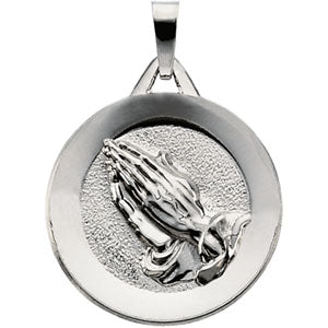 14K White Gold Disc with Praying Hands Pendant