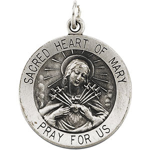 Sterling Silver Round Sacred Heart Of Mary Pendant Medal with Chain at Catholic Shop