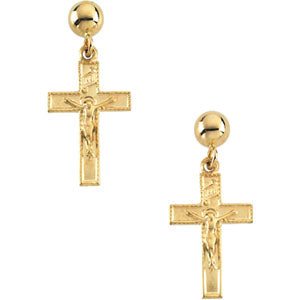 14K Gold Crucifix Ball Dangle Earring With Back
