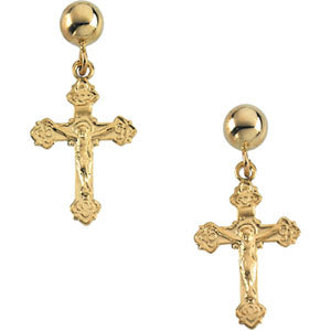 14K Gold Crucifix Ball Dangle Earring With Back