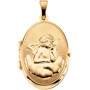14K Yellow Gold Oval Shaped Locket with Angel at Catholic Shop