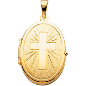14K Yellow Gold Oval Shaped Locket with Cross at Catholic Shop