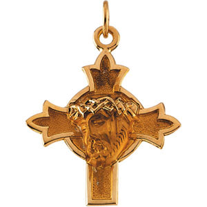 14K Yellow Gold Head Of Jesus with Crown Cross Pe