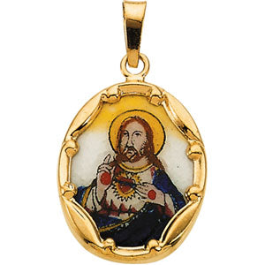 14K Yellow Gold Porcelain Sacred Heart Pendant