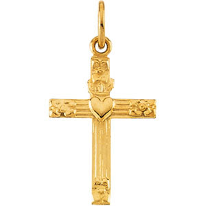 14K Yellow Gold Childs Cross with Heart Pendant at Catholic Shop