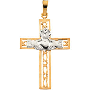 14K Yellow Gold/White Two Tone Claddagh Cross Pendant at Catholic Shop