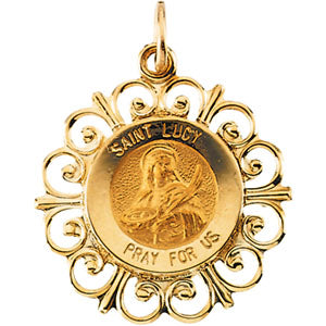 14K Yellow Gold Round St Lucy Pendant Medal at Catholic Shop