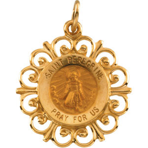 14K Yellow Gold Round St Peregrine Pendant Medal at Catholic Shop