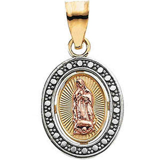 14K Gold & Rose 12x10 MM Tri-Color Our Lady of Guadalupe Oval Pendant