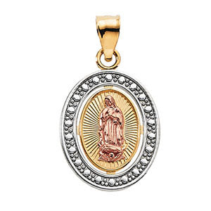14K Gold & Rose 15.5x13 MM Tri-Color Our Lady of Guadalupe Oval Pendant