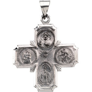 14K White Gold Hollow Four Way Cross Medal at Catholic Shop