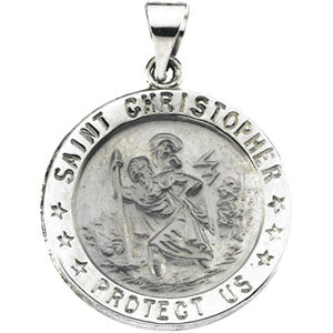 14K White Gold Round Hollow St. Christopher Pendant