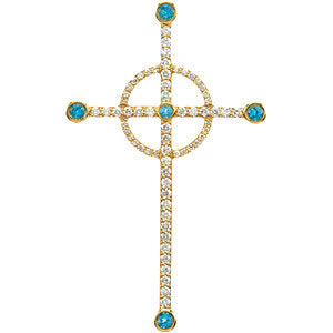 14K Gold Swiss Blue Topaz & 1/2 CTW Diamond Cross Pendant