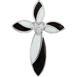 14K White Gold Bl & White Enamel Diamond Cross at Catholic Shop