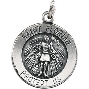 Sterling Silver Round St. Florian Pendant Pendant with Chain