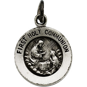 Sterling Silver Round Frst Holy Communion Pendant Medal with Chain at Catholic Shop