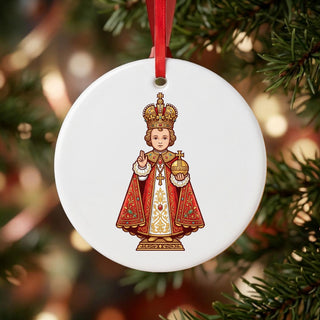 Infant Jesus of Prague Ceramic Ornament hanging on a Christmas tree
