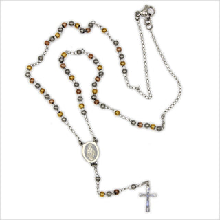 Traditional Tri Tone Rosary Necklace Five Decade Catholic Prayer Beads 3 mm