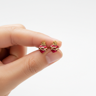 Sacred Heart Stud Earrings – Gold-Filled with Red Enamel