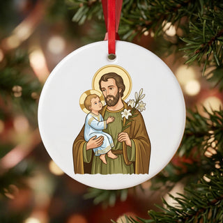 St. Joseph and Child Jesus Ceramic Ornament hanging on a Christmas tree