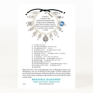 Glory Saints & Angels Bracelet card back explaining each saint medal