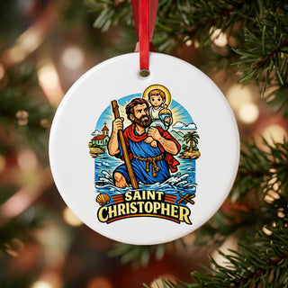 St. Christopher Carrying Christ Ceramic Ornament hanging on a Christmas tree