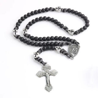 Rugged St. Michael the Archangel Rosary with Cross Shield Beads - Silver & Black - main product image | CatholicShop.com