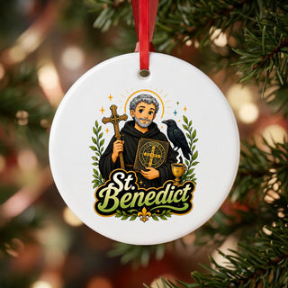 St. Benedict Ceramic Ornament hanging on a Christmas tree