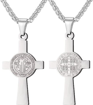 Platinum-Plated Stainless Steel St. Benedict Cross Necklace