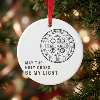 St. Benedict Medal Holy Cross Ceramic Ornament hanging on a Christmas tree
