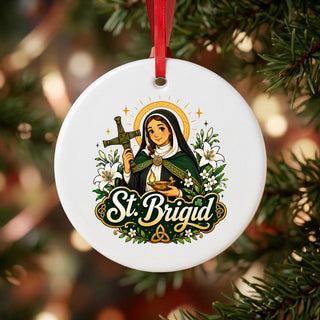 St. Brigid of Ireland Ceramic Ornament hanging on a Christmas tree