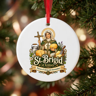 St. Brigid of Kildare Cheesemakers Ceramic Ornament hanging on a Christmas tree