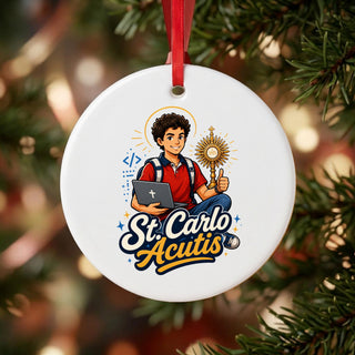 St. Carlo Acutis Ceramic Ornament hanging on a Christmas tree