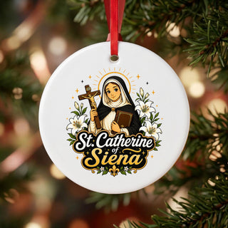 St. Catherine of Siena Ceramic Ornament hanging on a Christmas tree