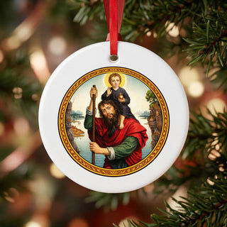 St. Christopher and Christ Child Ceramic Ornament hanging on a Christmas tree
