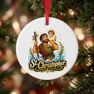 St. Christopher Ceramic Ornament hanging on a Christmas tree
