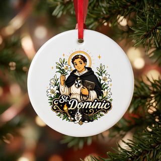St. Dominic with Dog Ceramic Ornament hanging on a Christmas tree