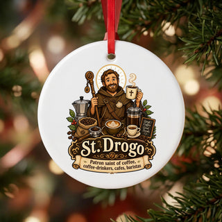 St. Drogo Patron of Coffee Ceramic Ornament hanging on a Christmas tree