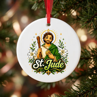 St. Jude Thaddeus Ceramic Ornament hanging on a Christmas tree