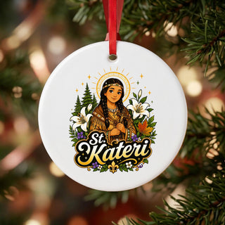 St. Kateri Tekakwitha Ceramic Ornament hanging on a Christmas tree
